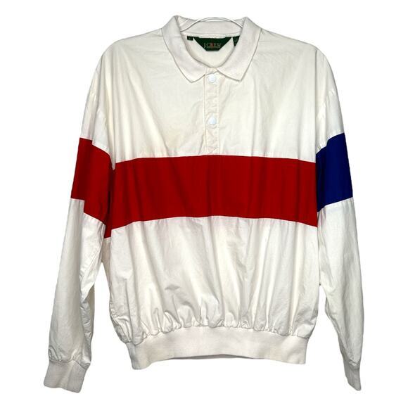 Vintage J.‎ Crew Mens Snap Button Pullover Windbreaker L Red White Blue 90s - Picture 1 of 6